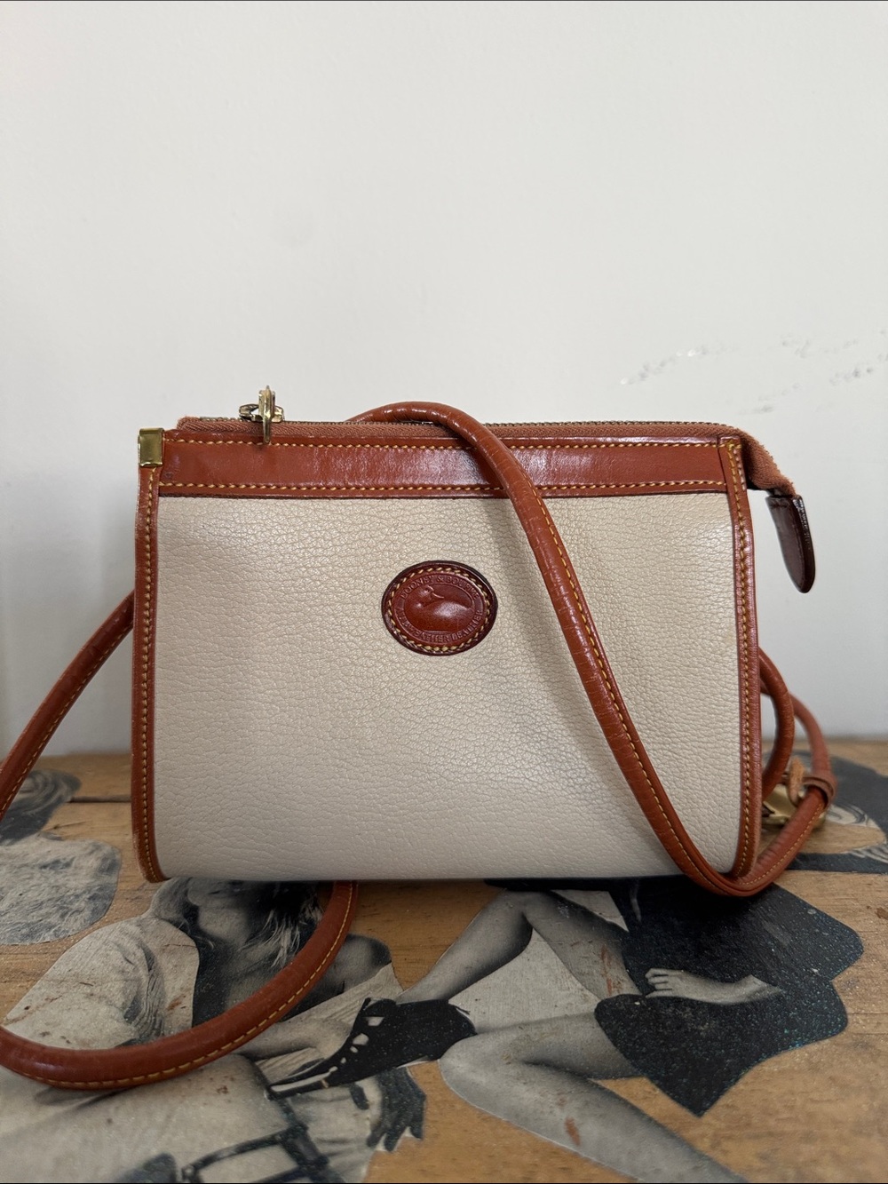 Dooney & Bourke Cream & Brown Pebble Leather Crossbody